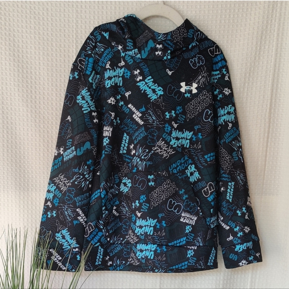 Under Armour Boys Blue Pullover Fleece Hoodie Allover Printed Graphic Size 7